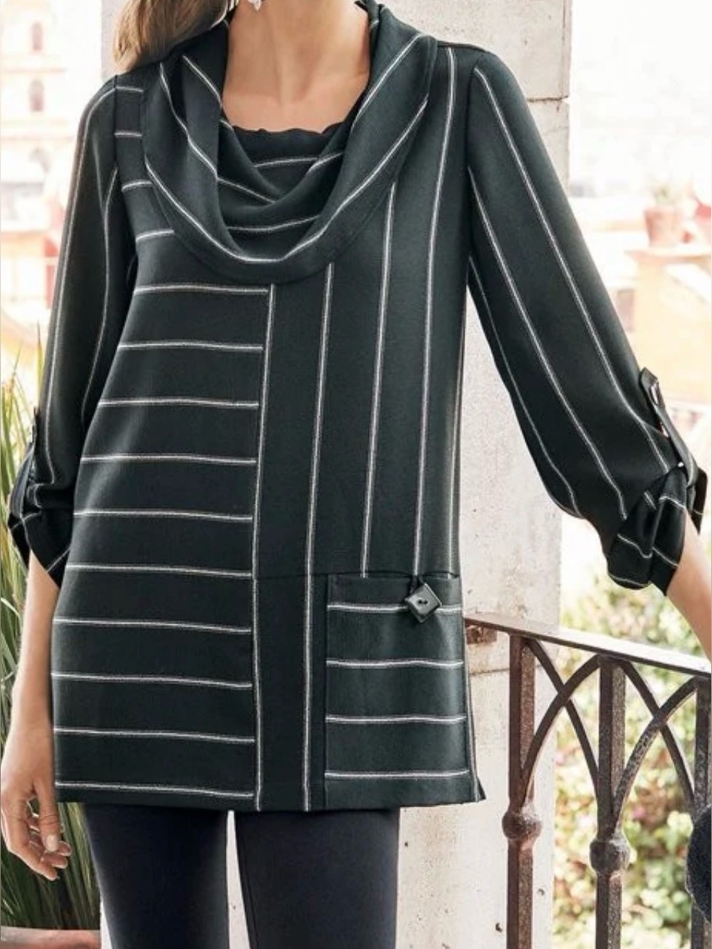 Soft Surroundings Moonlight Top Tunic S Small Black Striped Cowl Neck Pocket